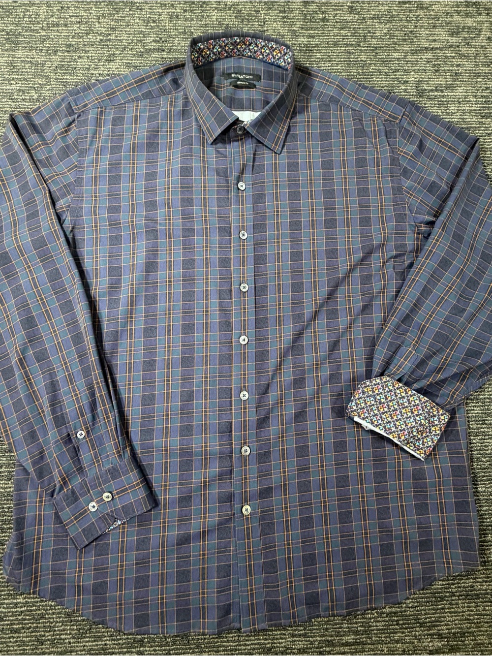 Bugatchi Blue Plaid Dress Shirt with Multicolor Cuff